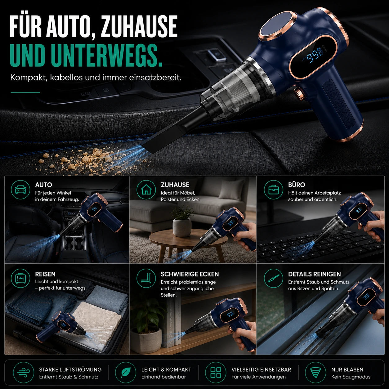 2 in 1 Akku Handstaubsauger – Saugen & Luftfunktion für Auto & Zuhause